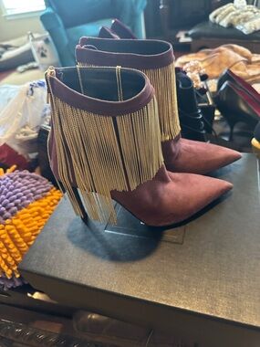 Balmain Burgundy Fringe Chain Ankle Boots
